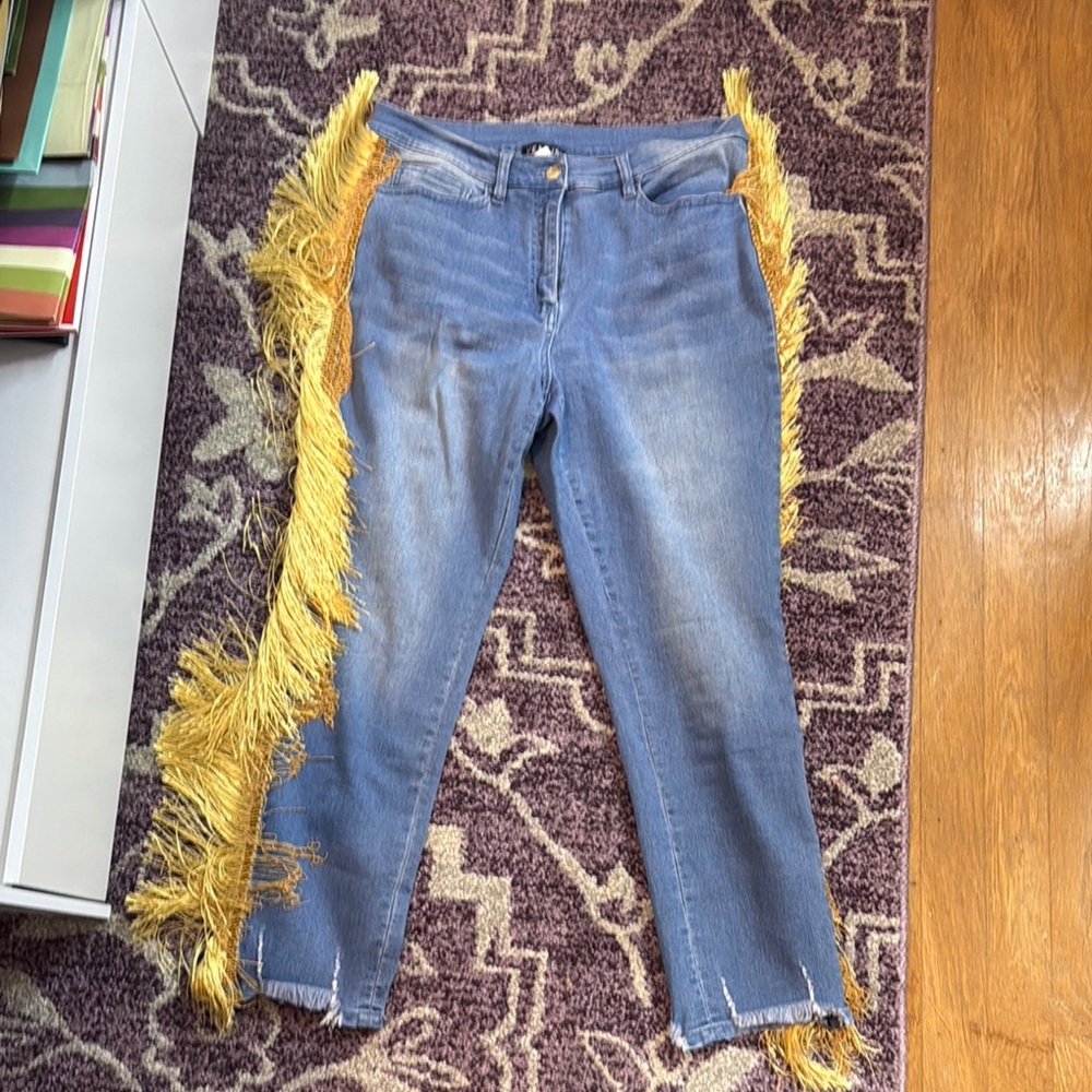 Stylish Blue Jeans with Gold Fringe